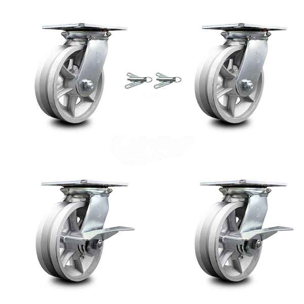 6 Inch V Groove Semi Steel Swivel Caster Swivel Locks 2 Brakes SCC, 2PK